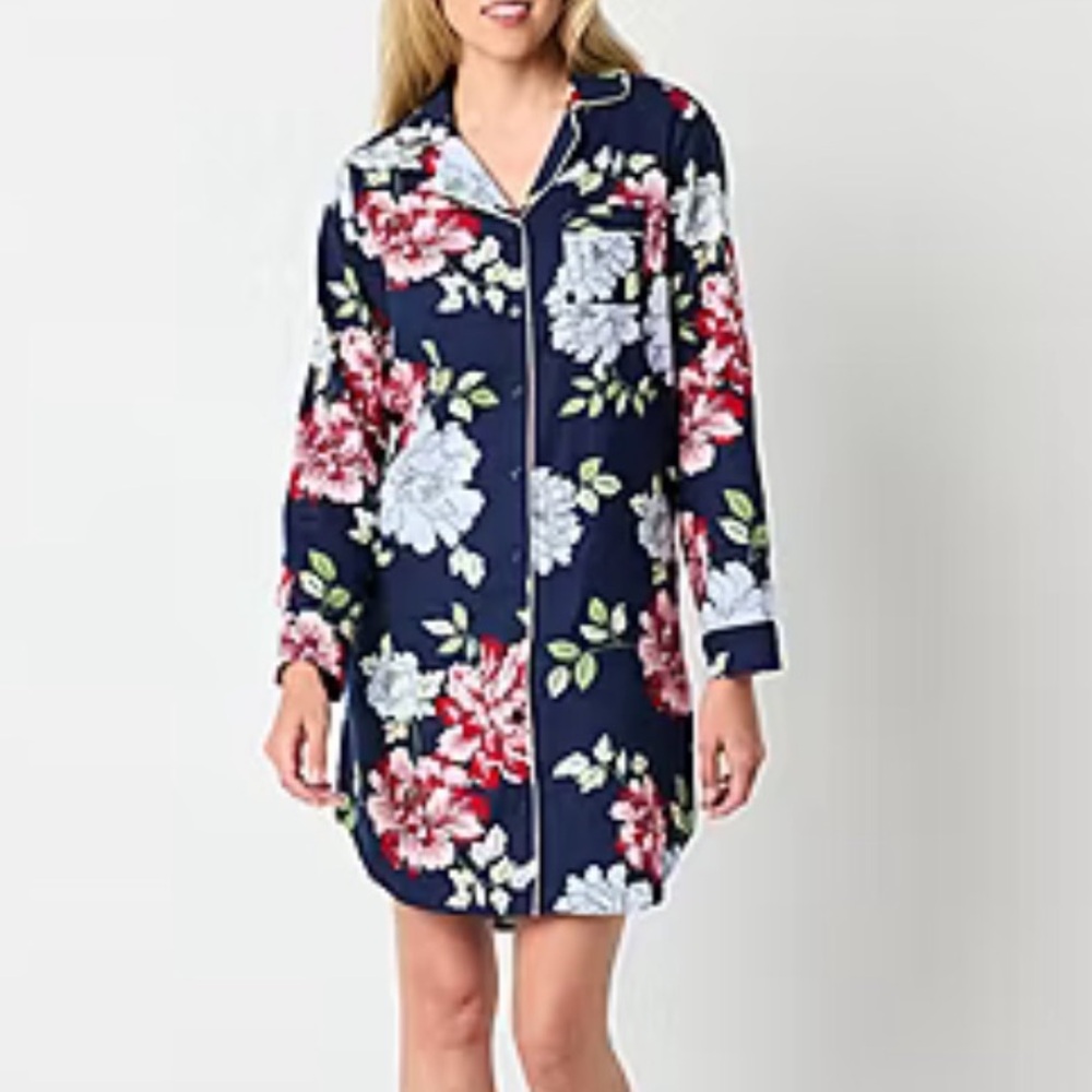 NWT Women’s XS Blue Floral Flannel Liz Claiborne Sleep Shirt/Nightgown